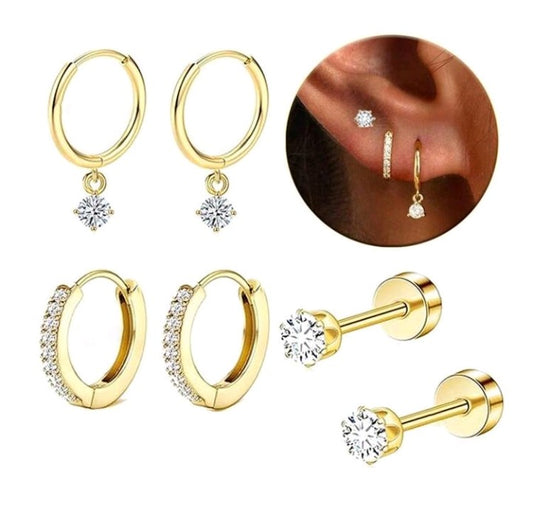 Pendientes de 3 pares de aros apilables con acabado de oro